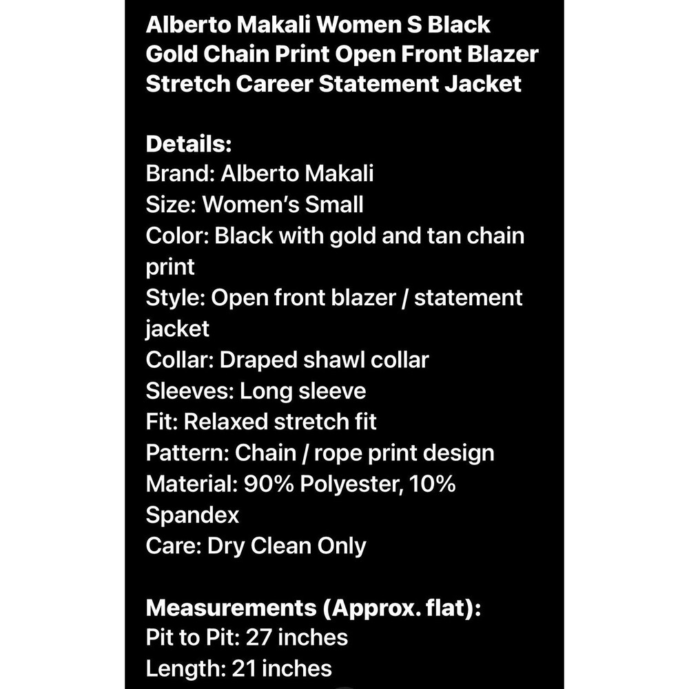 Alberto Makali Women’s Black Chain Print Open Front Blazer Stretch Career Statem - Picture 2 of 12